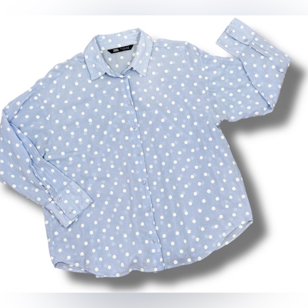 Zara Blue Polka Dot Shirt Size Medium - Picture 2 of 7